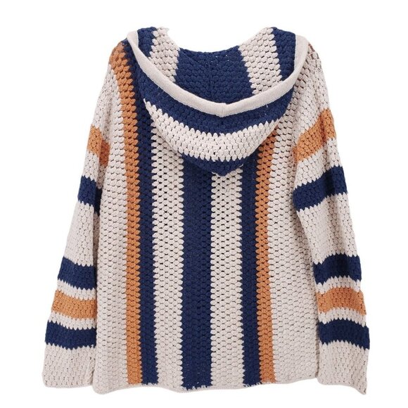 NWT Faherty Sawyer Crochet Knit Poncho Caspian Stripe Hooded Sweater XS S - Picture 4 of 5
